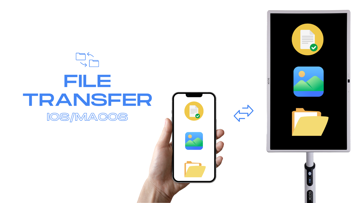 File transfer feature demonstration for iOS and macOS devices, showcasing seamless data sharing between a smartphone and a tablet screen, including file, photo, and folder icons for visualization.